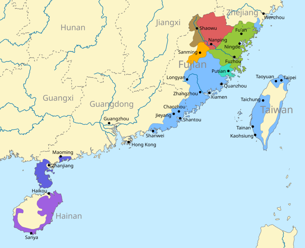 Map of Min dialect groups identified by the Language Atlas of China